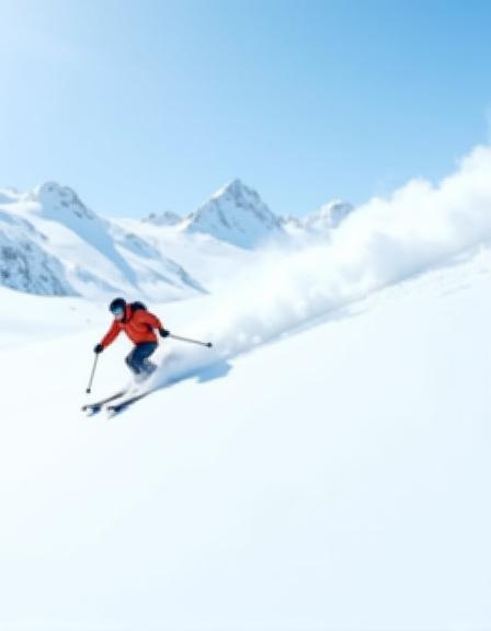 Ein Skifahrer fährt durch unberührten, tiefen Pulverschnee in den majestätischen Schweizer Alpen.