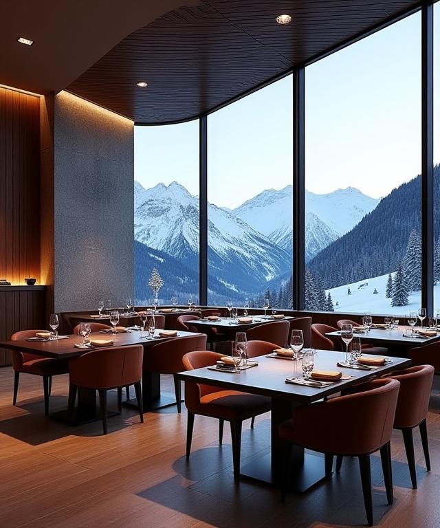 Das edle Interieur des Gourmet-Restaurants 'Le Sommet' im Mistral Haus, mit stilvollen Tischen und Panoramablick auf die Alpen durch grosse Fenster.