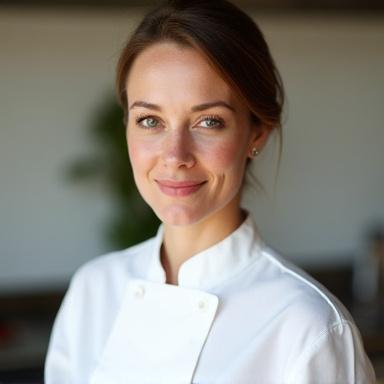 Porträt von Marie Dubois, Chefköchin, in eleganter Kochuniform.