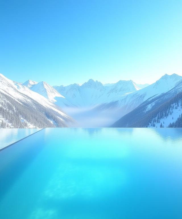 Der spektakuläre beheizte Infinity-Pool des Mistral Haus, der direkt in die verschneite Berglandschaft übergeht, unter einem klaren blauen Himmel.